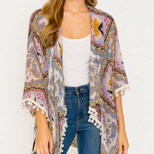 Sincerely Mary Kimono - Tribal Print Tassel Fringed Size M/L EUC